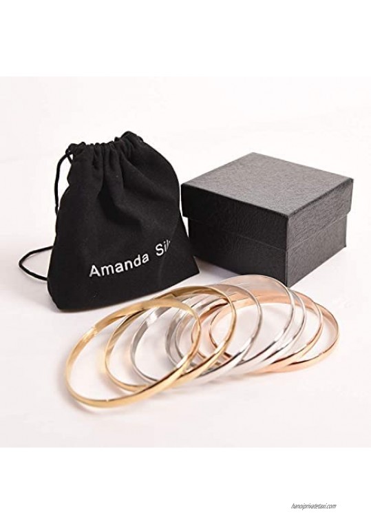 Stainless Steel Tri-Color Silver/Gold/Rose Gold Bangle Bracelets Set for Women Set of 7 Pieces Size 9.00 Inches