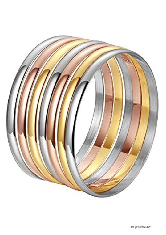 Stainless Steel Tri-Color Silver/Gold/Rose Gold Bangle Bracelets Set for Women  Set of 7 Pieces  Size 9.00 Inches