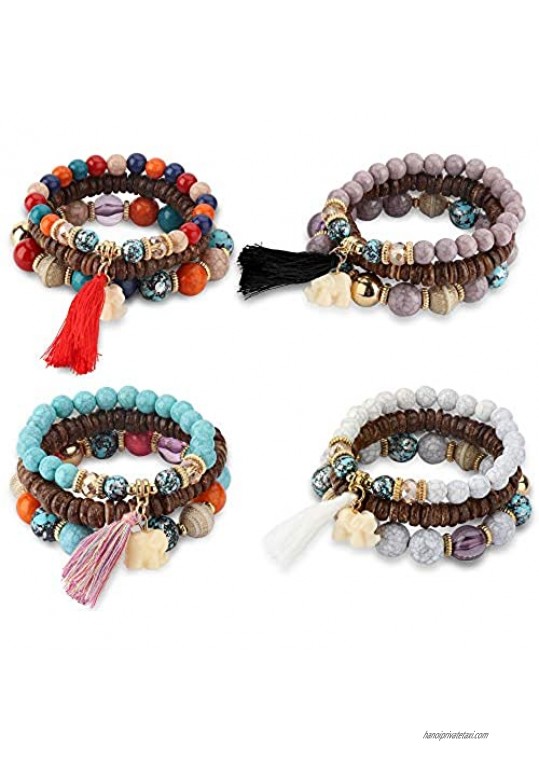 Thunaraz 4 Sets Bohemian Stretch Beaded Bracelets for Women Multilayer Stackable Bracelets Strand Bangles