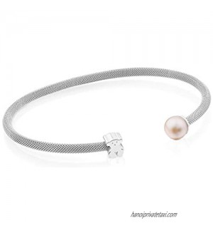 TOUS Icon Mesh 925 Silver Bangle Bracelet with White Chinese-Freshwater-Cultured Pearl 6.5-7.0 mm