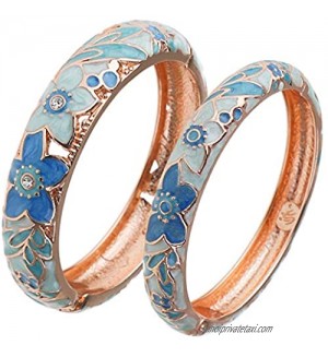 UJOY Vintage Jewelry Cloisonne Handcrafted Enameled Gorgeous Rhinestone Rose Gold Hinged Cuff Bracelet Bangles Gifts 88A10