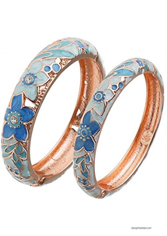 UJOY Vintage Jewelry Cloisonne Handcrafted Enameled Gorgeous Rhinestone Rose Gold Hinged Cuff Bracelet Bangles Gifts 88A10