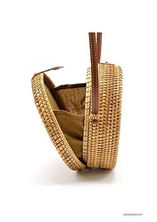 Handmade Round Rattan Bag Casual Crossbody Bag for Women Beach Travel Shoulder Bag with Leather Strap & Snap Clasp