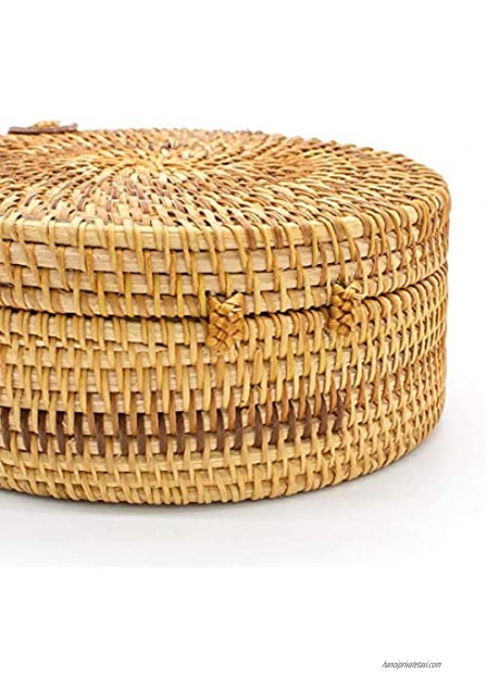 Handmade Round Rattan Bag Casual Crossbody Bag for Women Beach Travel Shoulder Bag with Leather Strap & Snap Clasp