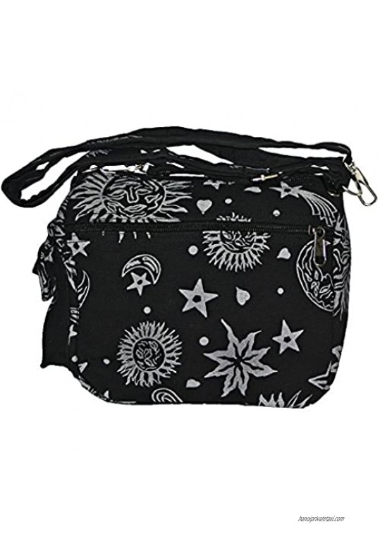 Sun Moon Stars and Planets Celestial Hippie Boho Crossbody Single Shoulder Bag (Black)