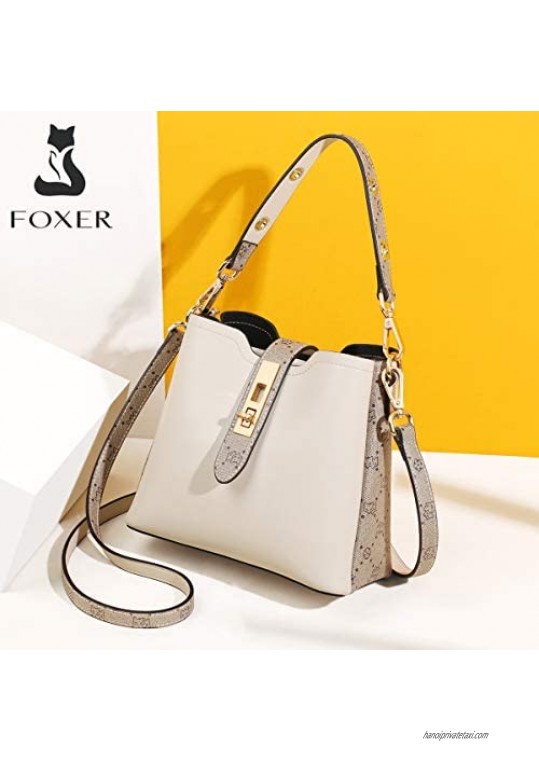 FOXER Leather Satchel Handbags for Women Cow Leather Brand Signature Ladies Top-handle Bag with Adjustable Shoulder Strap Women's Monogram Crossbody Bags Womens Small Tote Purses and Handbags (White)