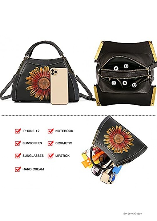 Genuine Leather Handbag for Women Embossed Floral Satchel Organizer Top-Handle Purse Handmade Tote Crossbody