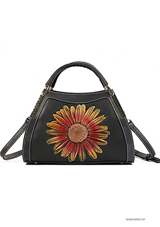 Genuine Leather Handbag for Women Embossed Floral Satchel Organizer Top-Handle Purse Handmade Tote Crossbody
