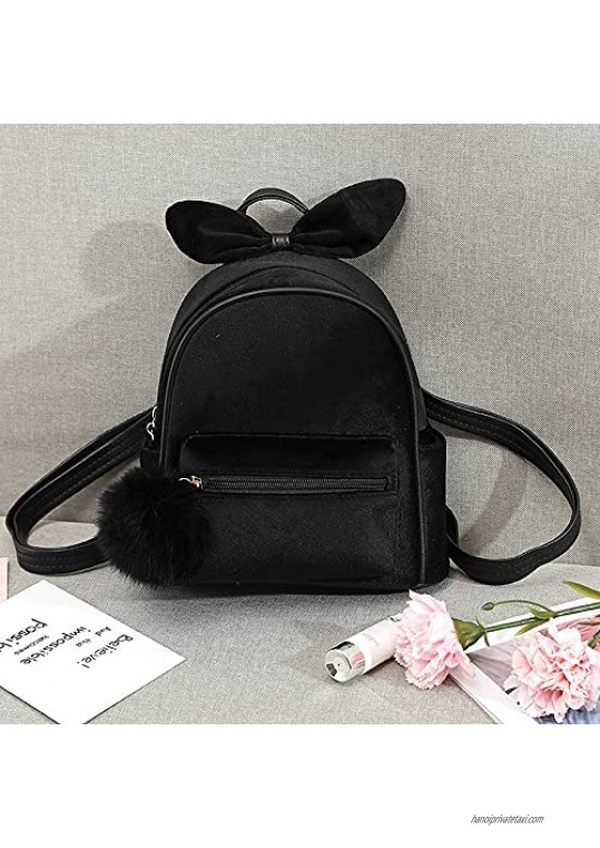 Mini Backpack Purse for Women Teenage Girls Purses Velvet Pompom Backpack Satchel Shoulder Bag with Cute Bow (black)