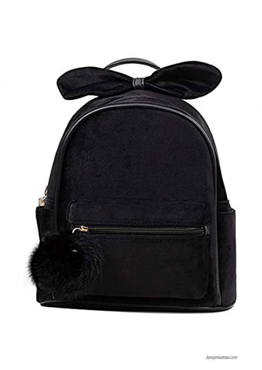 Mini Backpack Purse for Women Teenage Girls Purses Velvet Pompom Backpack Satchel Shoulder Bag with Cute Bow (black)