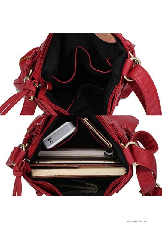 MKF Crossbody Bag for Women: PU Leather Tote Shoulder Bag Soft Slouchy Handbag Purse Lady Multi Pocket Pocketbook