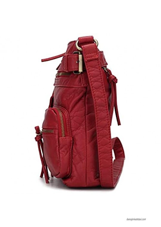 MKF Crossbody Bag for Women: PU Leather Tote Shoulder Bag Soft Slouchy Handbag Purse Lady Multi Pocket Pocketbook