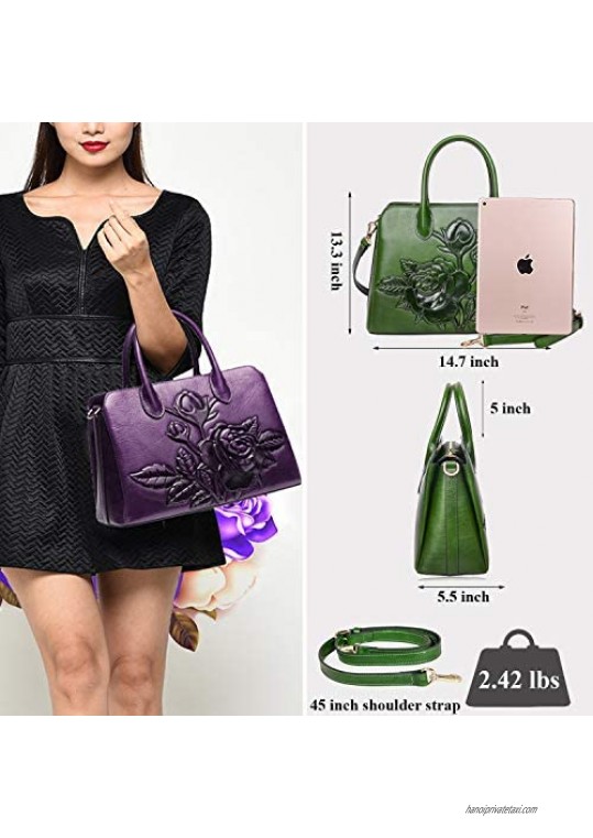 PIJUSHI Top Handle Satchel Handbag For Women Floral Purses Genuine Leather Shoulder Bag