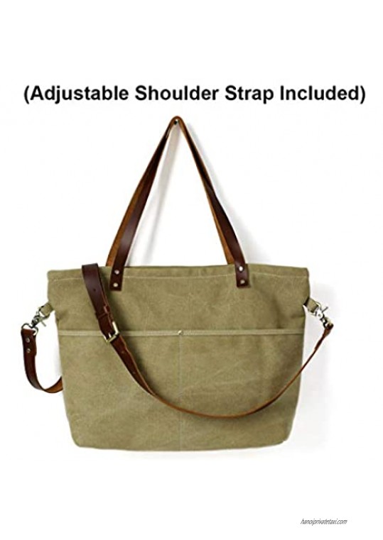 Leather Canvas Tote Bag Genuine Leather Tote Bag with Zipper Shopper Work Tote for Women