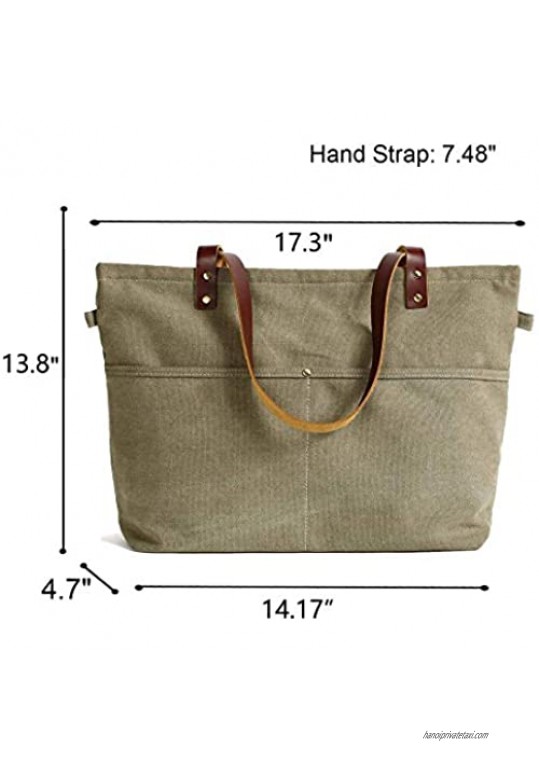 Leather Canvas Tote Bag Genuine Leather Tote Bag with Zipper Shopper Work Tote for Women