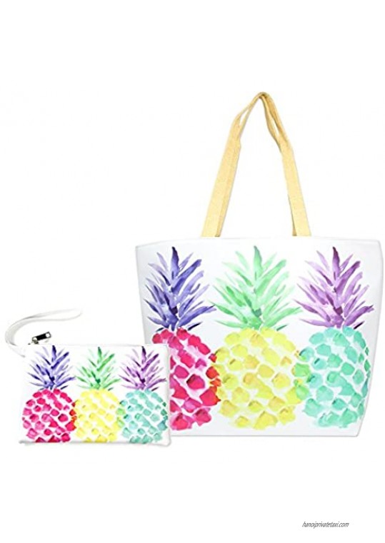 Me Plus Women Beach Bag and Pouch 2 pieces Set Tote Shoulder Bag Travel Organizer Pouch (Multi-Pineapple)