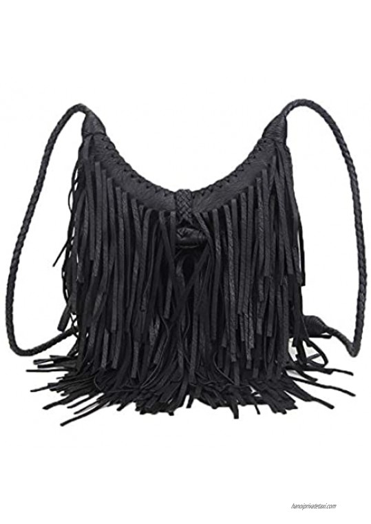 NIGEDU Women Tassel Shoulder Bag PU Leather Bohemian Fringed Crossbody Handbag Vintage Messenger Bags