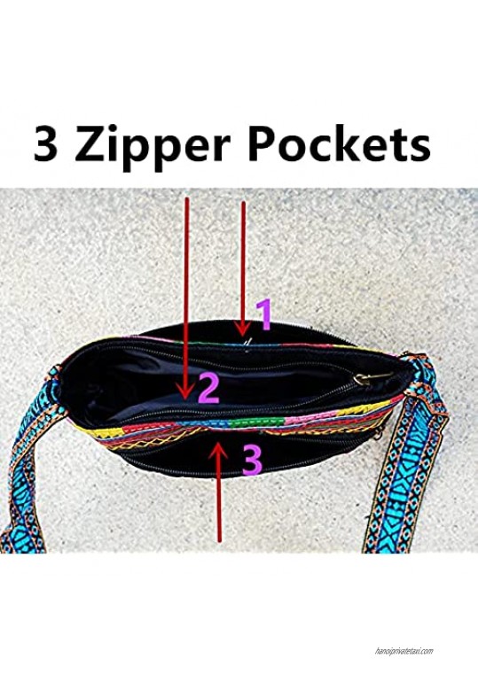 PHEVOS Crossbody Bag for women 3 Zipper Pockets Vintage Ethnic Tribal Embroidered Boho Hippie Shoulder Bag Phone Bag