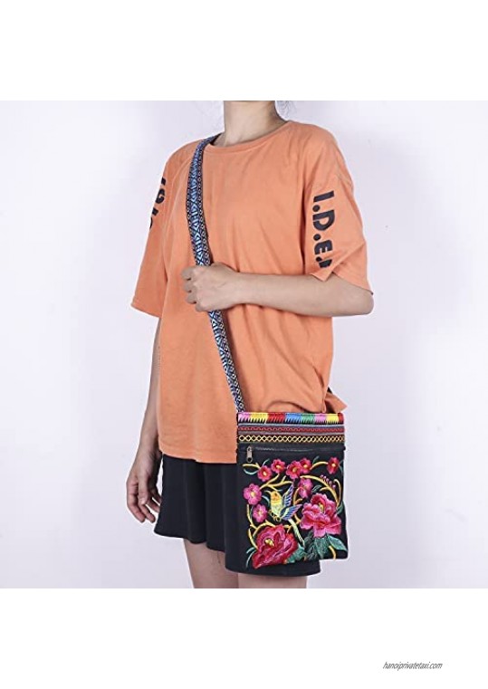 PHEVOS Crossbody Bag for women 3 Zipper Pockets Vintage Ethnic Tribal Embroidered Boho Hippie Shoulder Bag Phone Bag