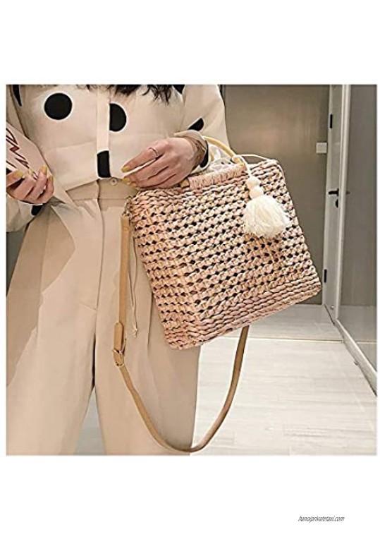 QTKJ Fashion Women Summer Straw Crossbody Bag with Cute Tassels Pendant Hand-Woven Beach Shoulder Bag with Top Wooden Handle Tote Bag (Khaki)