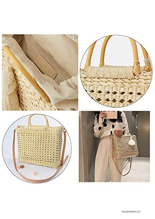 QTKJ Fashion Women Summer Straw Crossbody Bag with Cute Tassels Pendant Hand-Woven Beach Shoulder Bag with Top Wooden Handle Tote Bag (Beige)