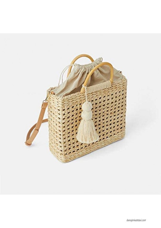 QTKJ Fashion Women Summer Straw Crossbody Bag with Cute Tassels Pendant Hand-Woven Beach Shoulder Bag with Top Wooden Handle Tote Bag (Beige)
