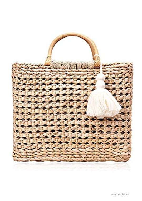 QTKJ Fashion Women Summer Straw Crossbody Bag with Cute Tassels Pendant  Hand-Woven Beach Shoulder Bag with Top Wooden Handle Tote Bag (Khaki)