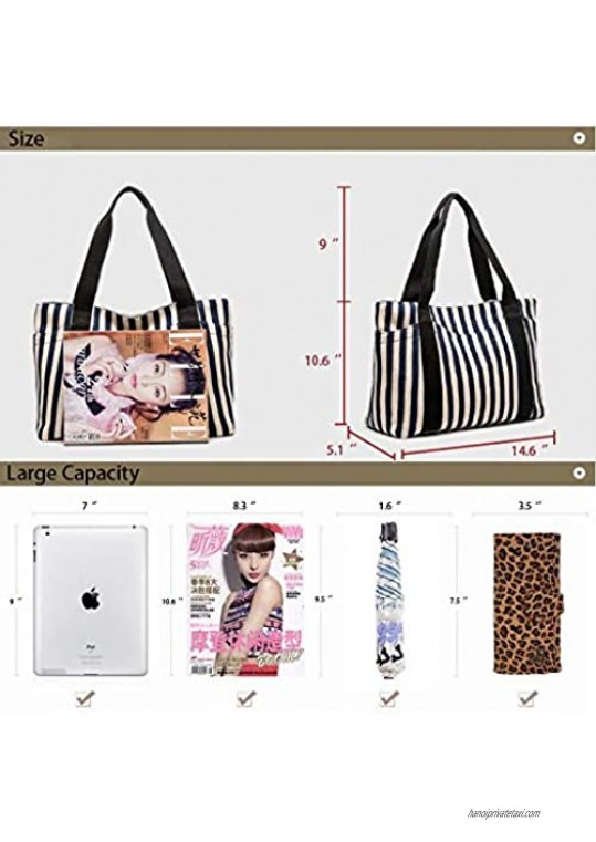 Striped Tote Handbag With 9 pockets Womens Cotton Canvas Daily Shoulder Work Bag for Girl Friend Gifts