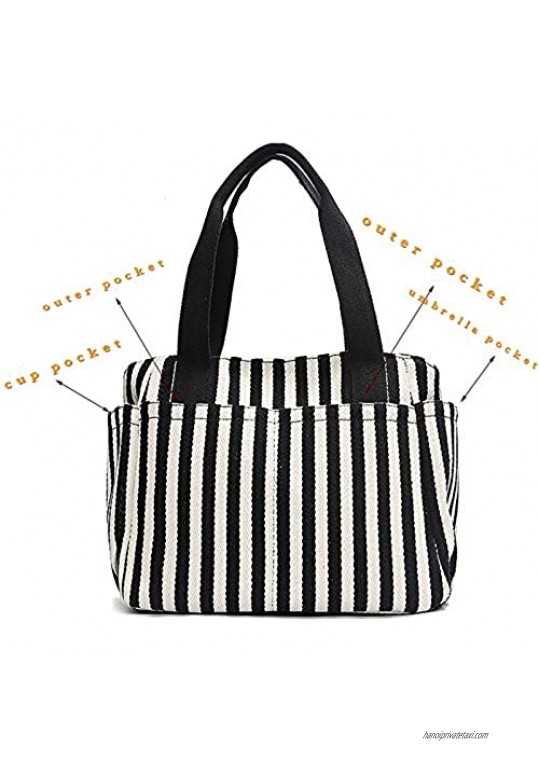 Striped Tote Handbag With 9 pockets Womens Cotton Canvas Daily Shoulder Work Bag for Girl Friend Gifts