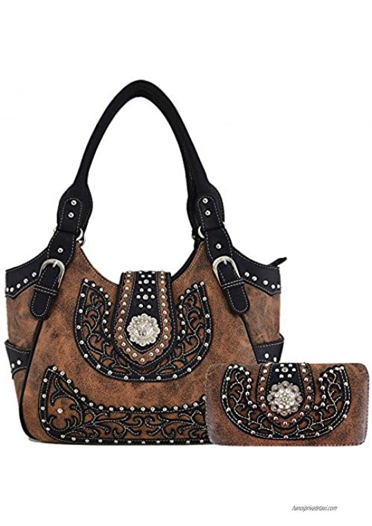 Western Style Berry Conchos Cowgirl Country Purse Crossbody Handbags Women Shoulder Bags Wallet Set Brown