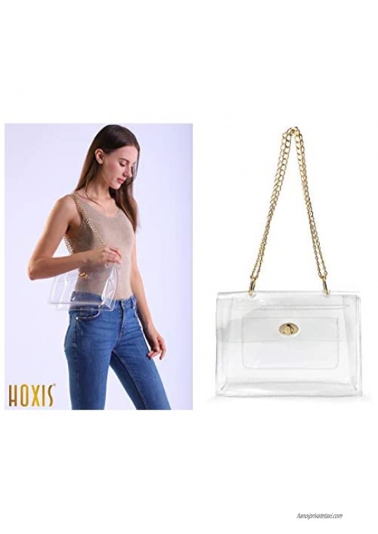 Women Clear Flap Top Chain Shoulder Handbag with Turn Lock Minimalist Messenger Purse for Stadium Approved