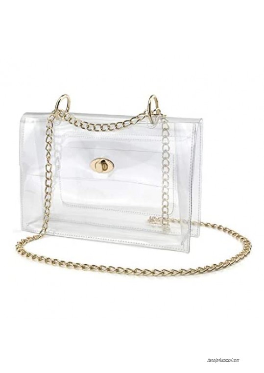 Women Clear Flap Top Chain Shoulder Handbag with Turn Lock Minimalist Messenger Purse for Stadium Approved