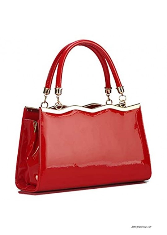 Yan Show Women's Patent Leather Elegant Handbag Simple Shoulder Bag Top Handle Bag Purse (Red)