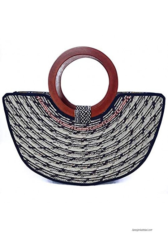 Handbag for women straw design handmade fabric with top handle with wooden handle beach bag