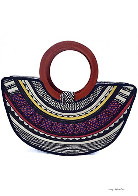 Handbag for women  straw design  handmade fabric  with top handle  with wooden handle  beach bag