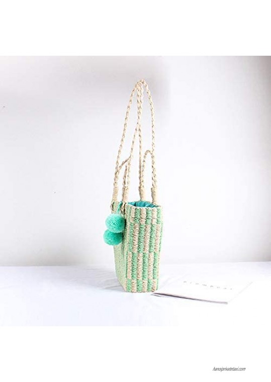 QTKJ Hand-Woven Women Straw Summer Beach Crossbody Bag Tote Shoulder Handbag with Pom Pom Decorate (Green)