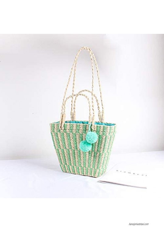 QTKJ Hand-Woven Women Straw Summer Beach Crossbody Bag Tote Shoulder Handbag with Pom Pom Decorate (Green)