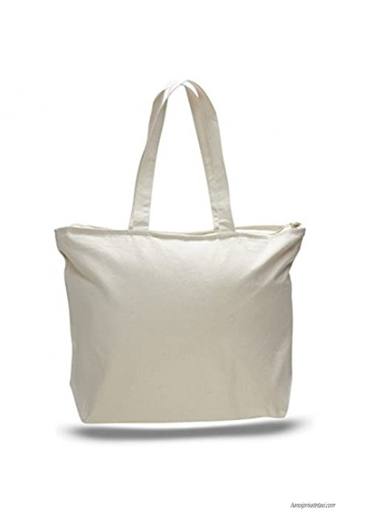 (6 Pack) Set of 6 Heavy Canvas Large Tote Bag with Zippered Closure (Natural)