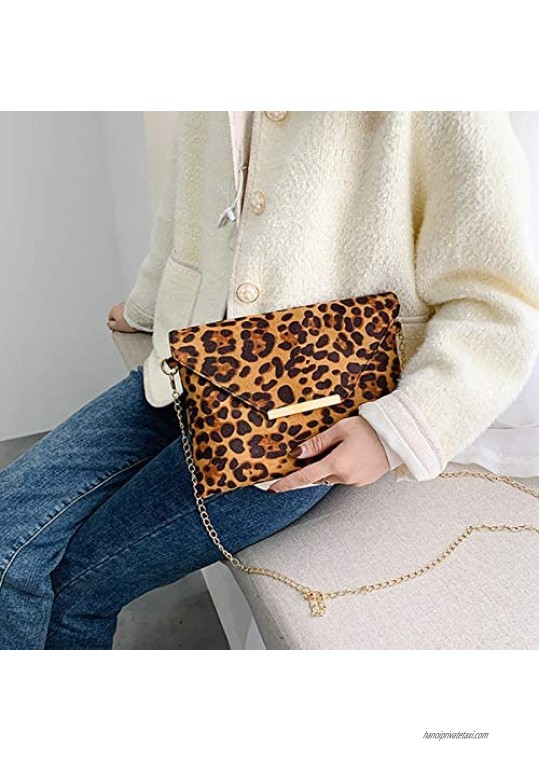 Elegant Leopard Print Crossbody Dressy Purse Envelope Flap Clutch Bag Handbag with Chain Shoulder Strap for Women