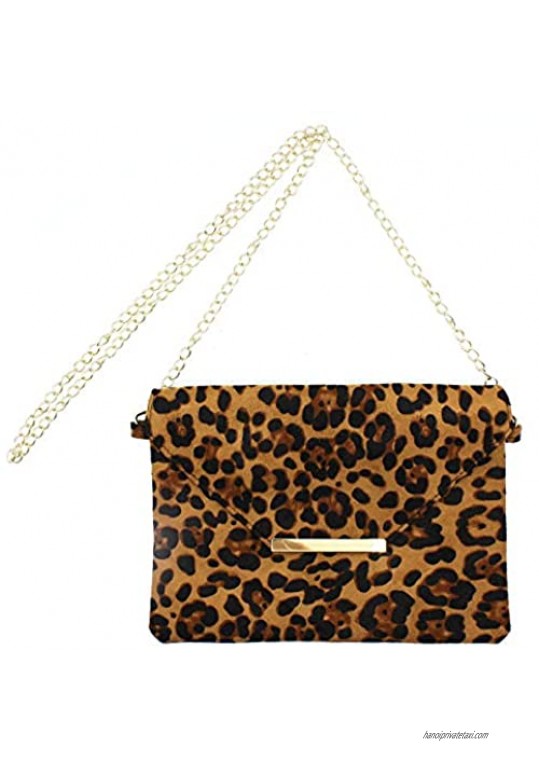 Elegant Leopard Print Crossbody Dressy Purse Envelope Flap Clutch Bag Handbag with Chain Shoulder Strap for Women