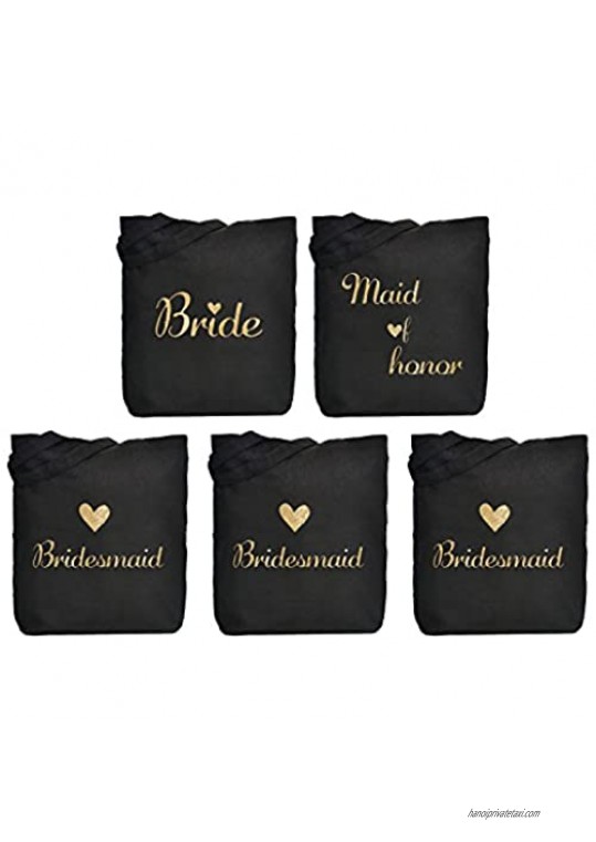 ElegantPark Bride Bridesmaid Gifts Set of 5 Bride Tote Bag Maid of Honor Bag Bridesmaid Gift Bags for Wedding Bridal Shower Gifts Bachelorette Party Black with Gold Script 100% Cotton