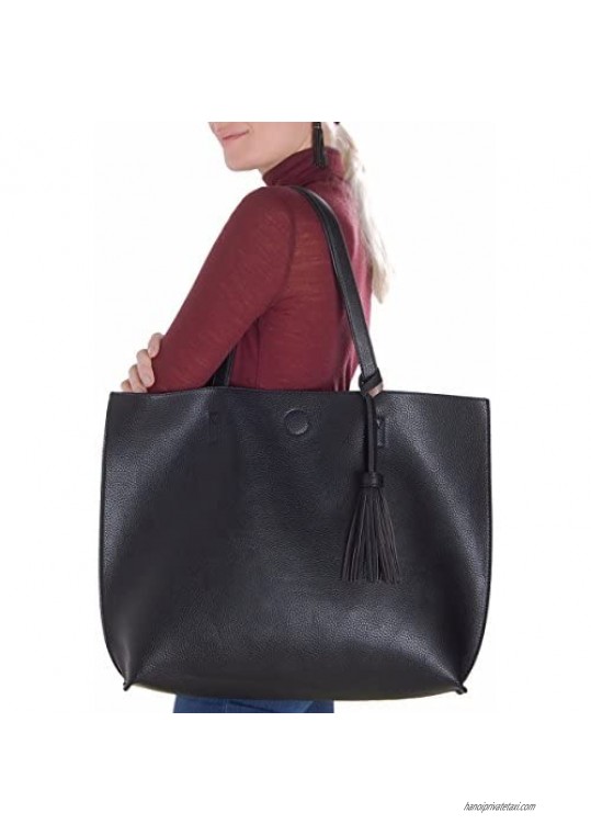 Humble Chic Vegan Leather Tote Bag - Lightweight Reversible Shoulder Handbag Tassel Large Purse