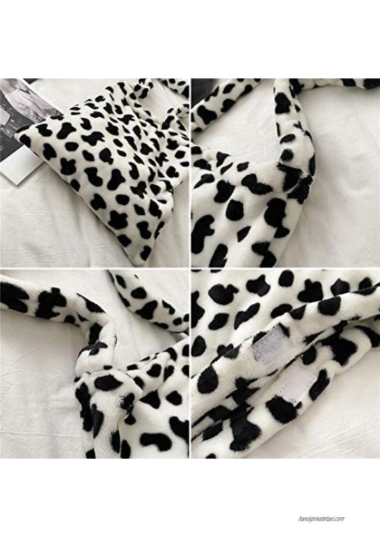 IOOI Women Leopard Print Clutch Handbag Plush Faux Fur Cow Shoulder Crossbody Bag Tote Satchel Purse