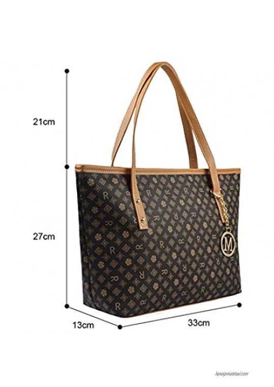 MICOM Casual Signature Printing Pu Leather Tote Shoulder Handbag with Metal Decoration for Women