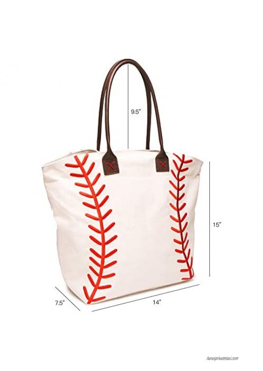 mright Large Women Baseball Mom Tote Bags Embroidery Vinyl Seams Canvas Casual Handbag