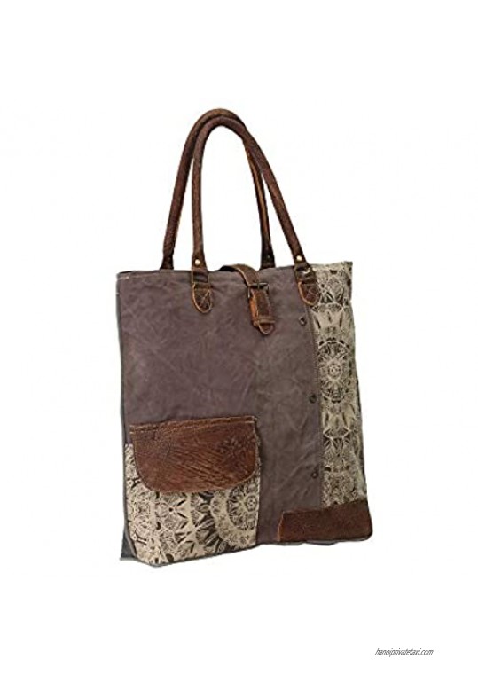 Myra Bags Floral Side Upcycled Canvas Tote Bag S-0733 Tan Khaki Brown One Size