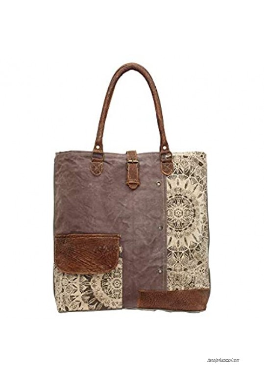 Myra Bags Floral Side Upcycled Canvas Tote Bag S-0733 Tan Khaki Brown One Size