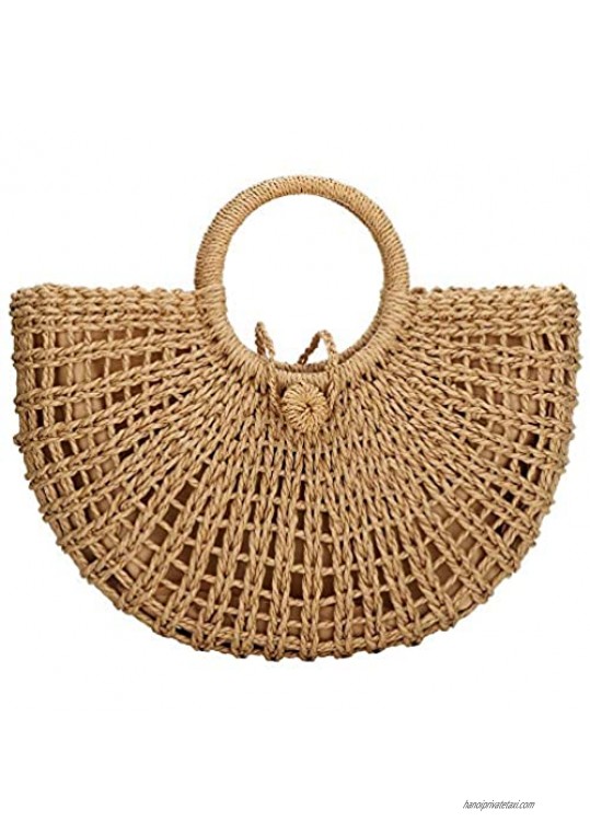Straw Bags for Women Hand-woven Straw Top-handle Bag with Round Ring Handle Summer Beach Rattan Tote Handbag