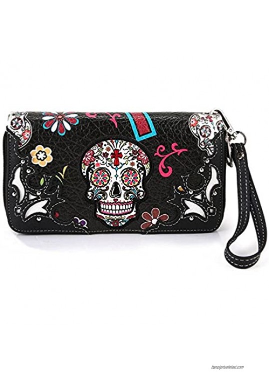 Sugar Skull Rose Flower Day of the Dead Concealed Carry Purse Totes Women Handbag Shoulder Bag Wallet Set
