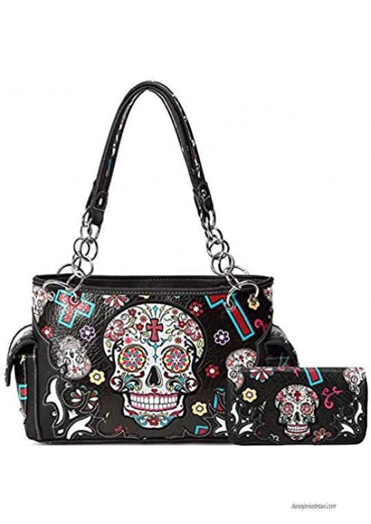Sugar Skull Rose Flower Day of the Dead Concealed Carry Purse Totes Women Handbag Shoulder Bag Wallet Set
